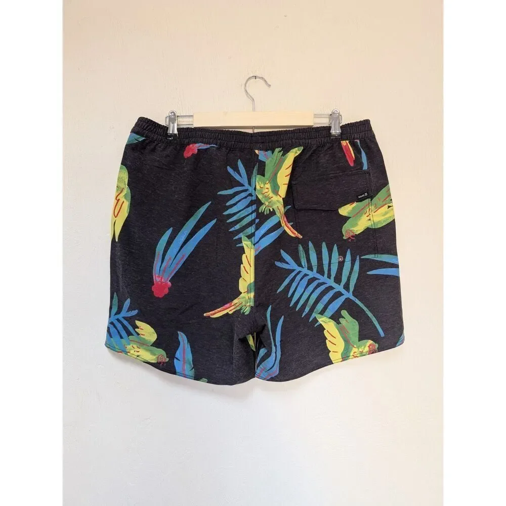 Roark Swim Shorts Mens XL Shorey Macaw Black Parrot Floral Hemp Blend Unlined